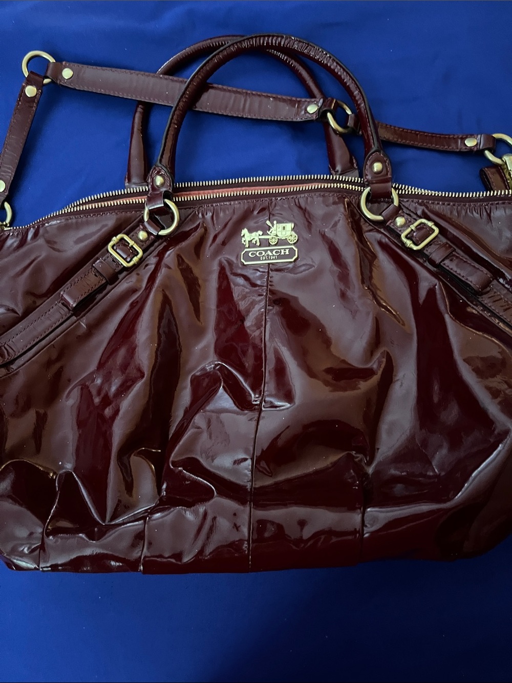 Coach Patent Leather Tote - Deep Burgundy with Gold Hardware